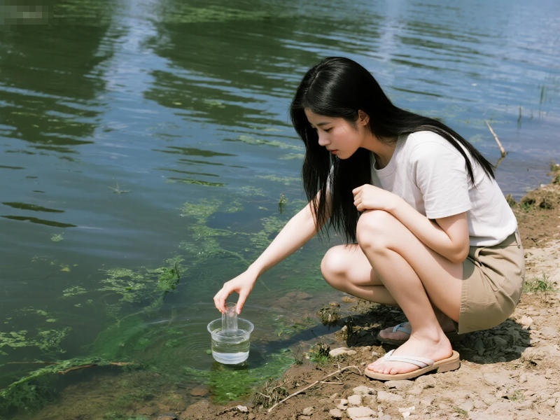 戶外河水邊正在取水樣準備化驗
